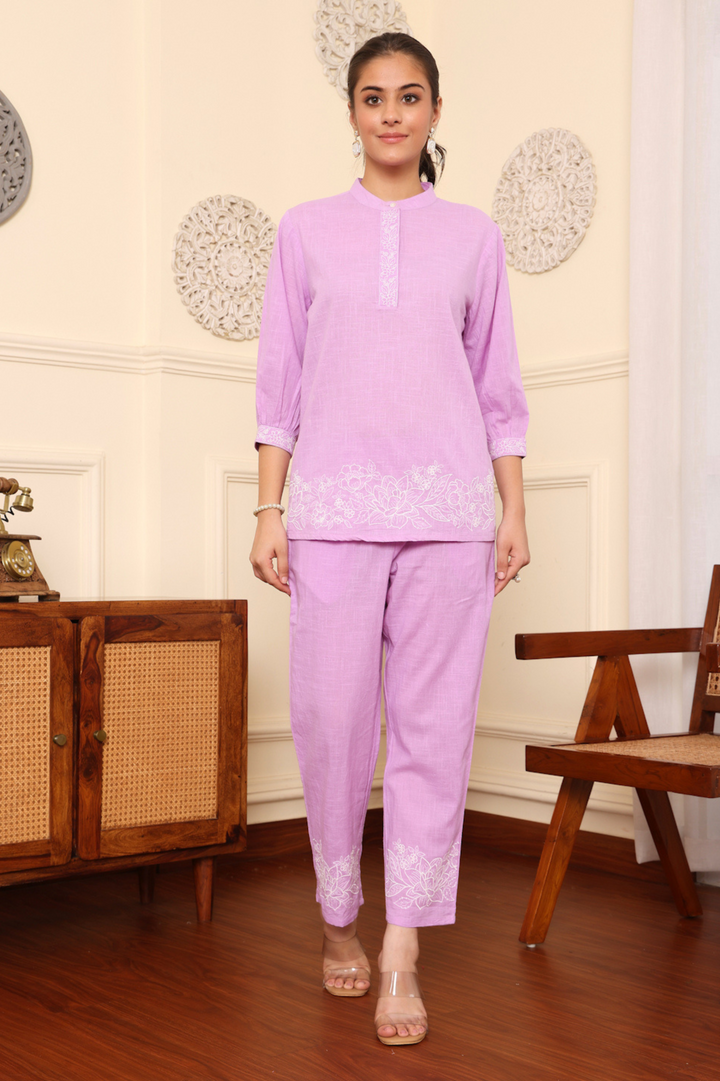 Purple Cotton Embroidered Co-Ord Set