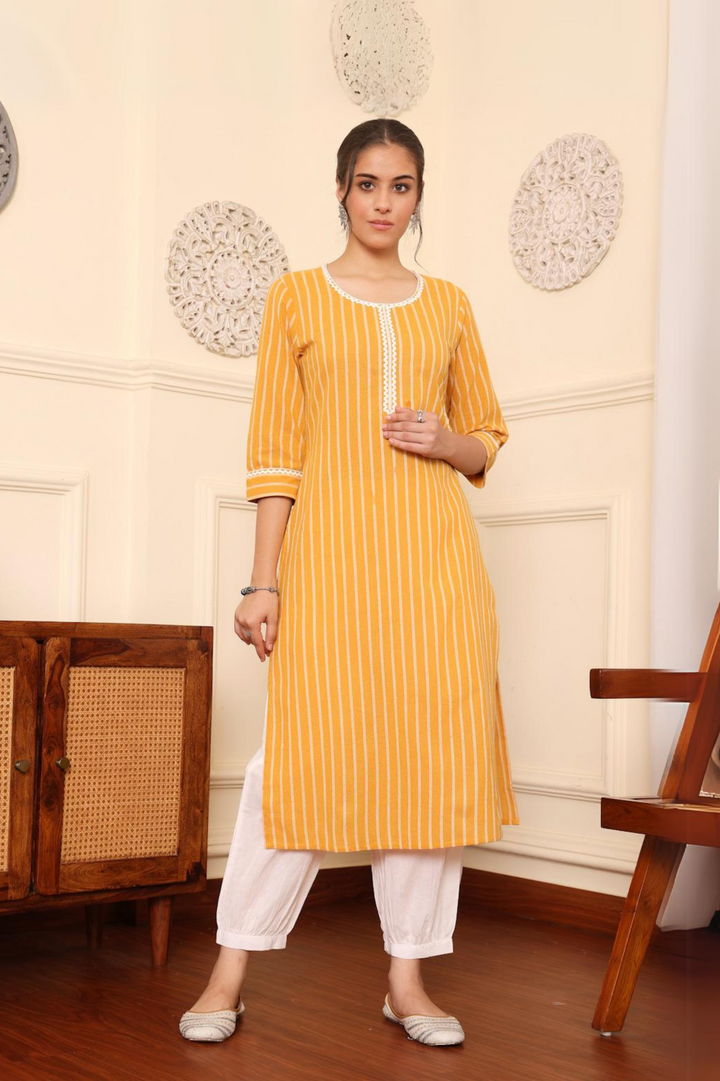Mustard Yarn Dyed Striped Kurta