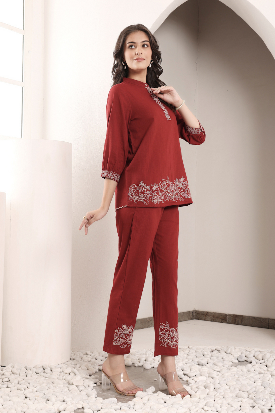 Rust Cotton Embroidered Co-Ord Set