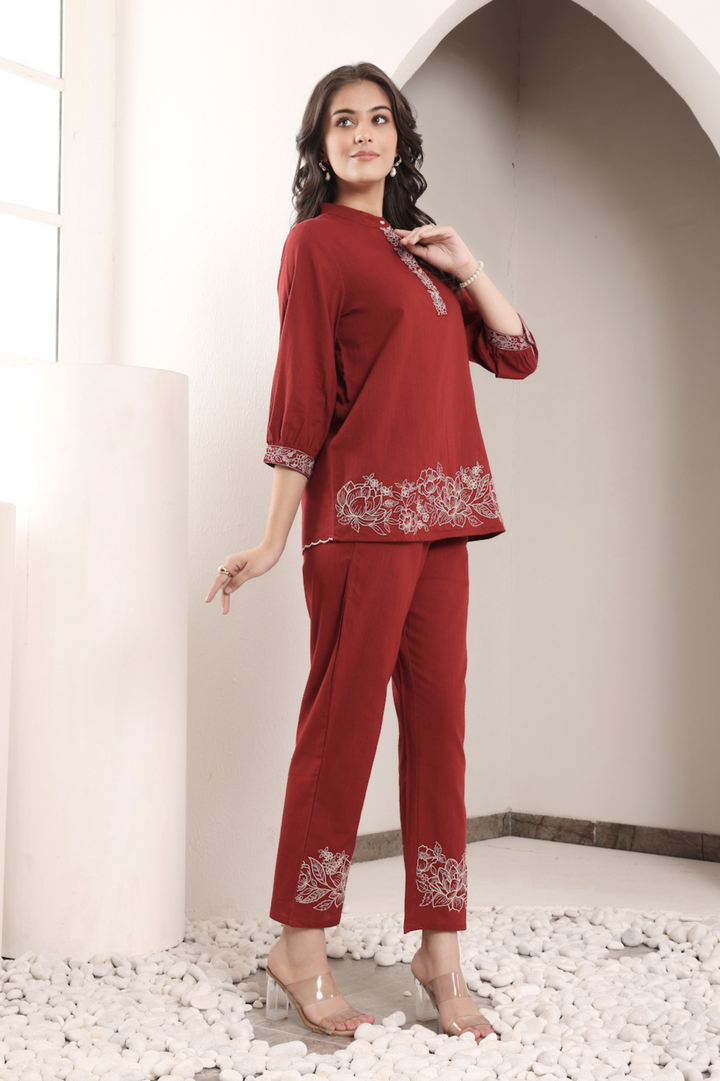 Rust Cotton Embroidered Co-Ord Set