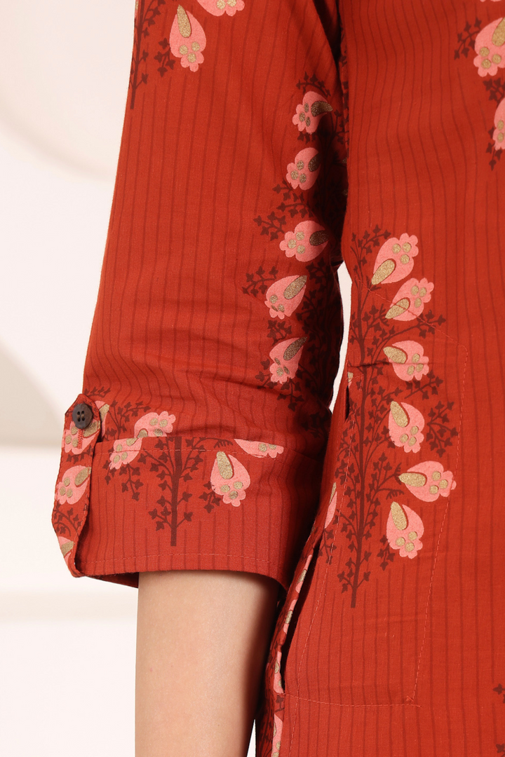 Rust Cotton Printed Mandarin Collar Kurta Pant Set