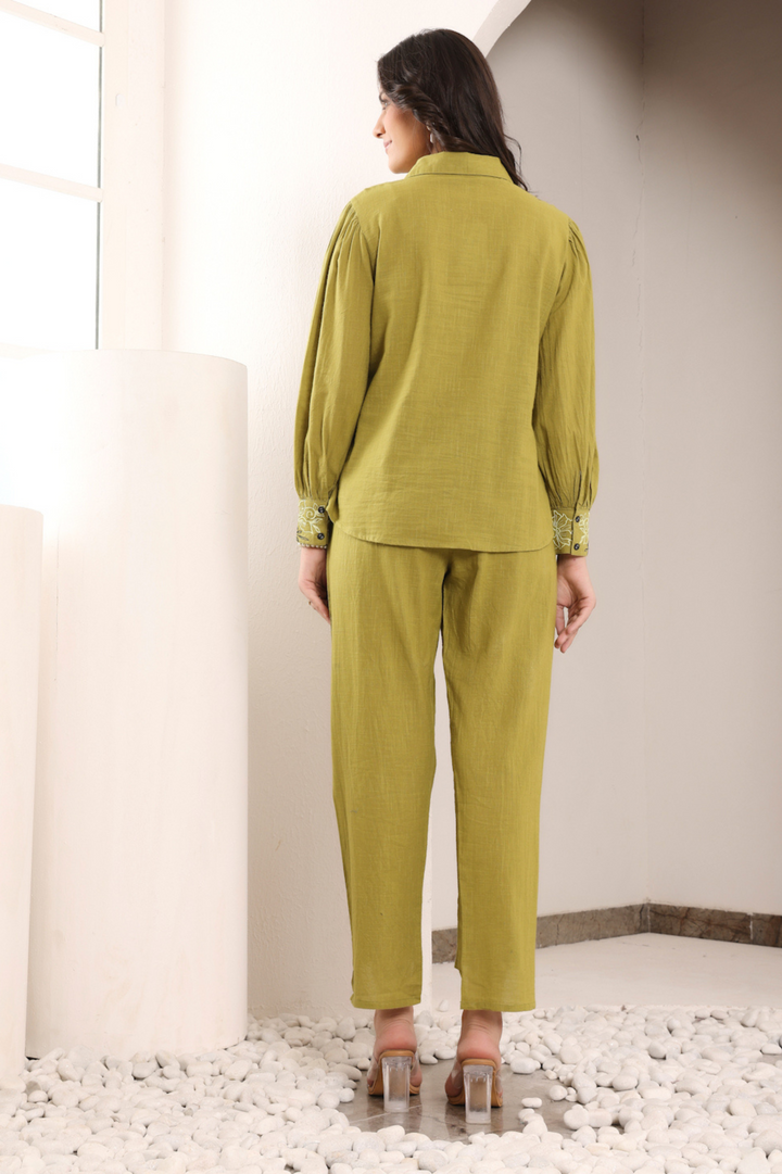 Olive Green Cotton Embroidered Co-Ord Set