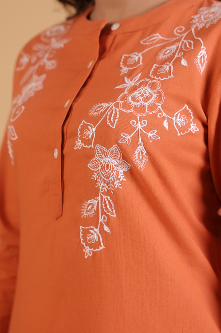 Rust Cotton Embroidered Kurta Pant Set