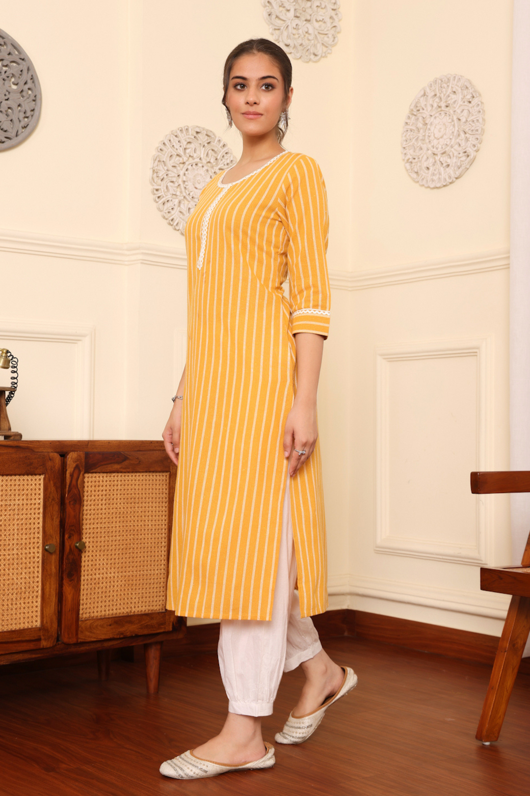 Mustard Yarn Dyed Striped Kurta