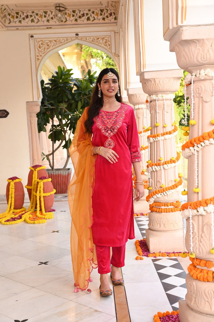 Pink Embroidered Velvet Designer Straight Kurta Pant Set With Dupatta