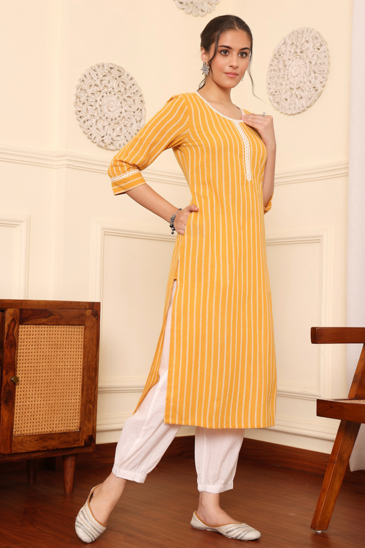 Mustard Yarn Dyed Striped Kurta