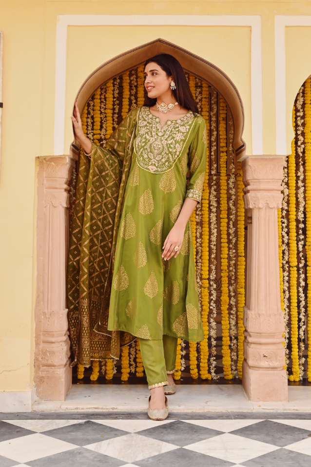 Olive Green Chanderi Gold Print A-Line Kurta Set with Dupatta