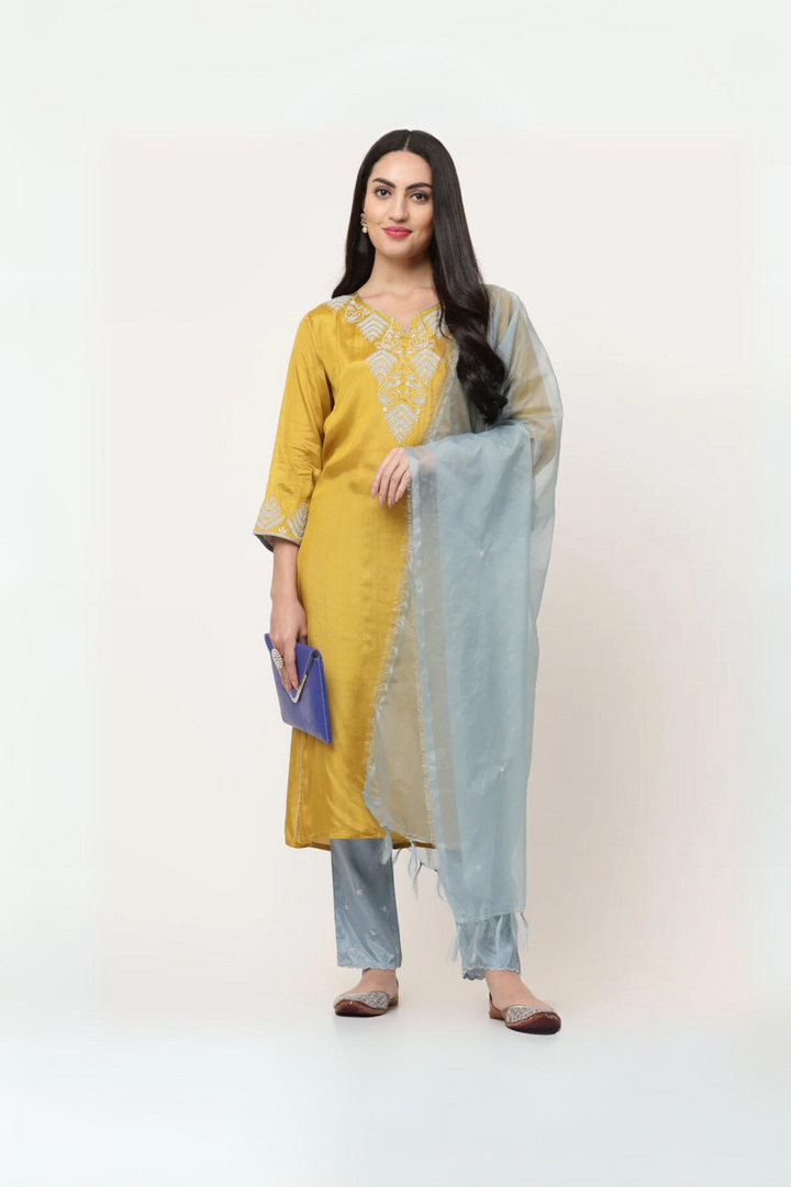 Mustard Embroidered Kurta Pant Set With Dupatta