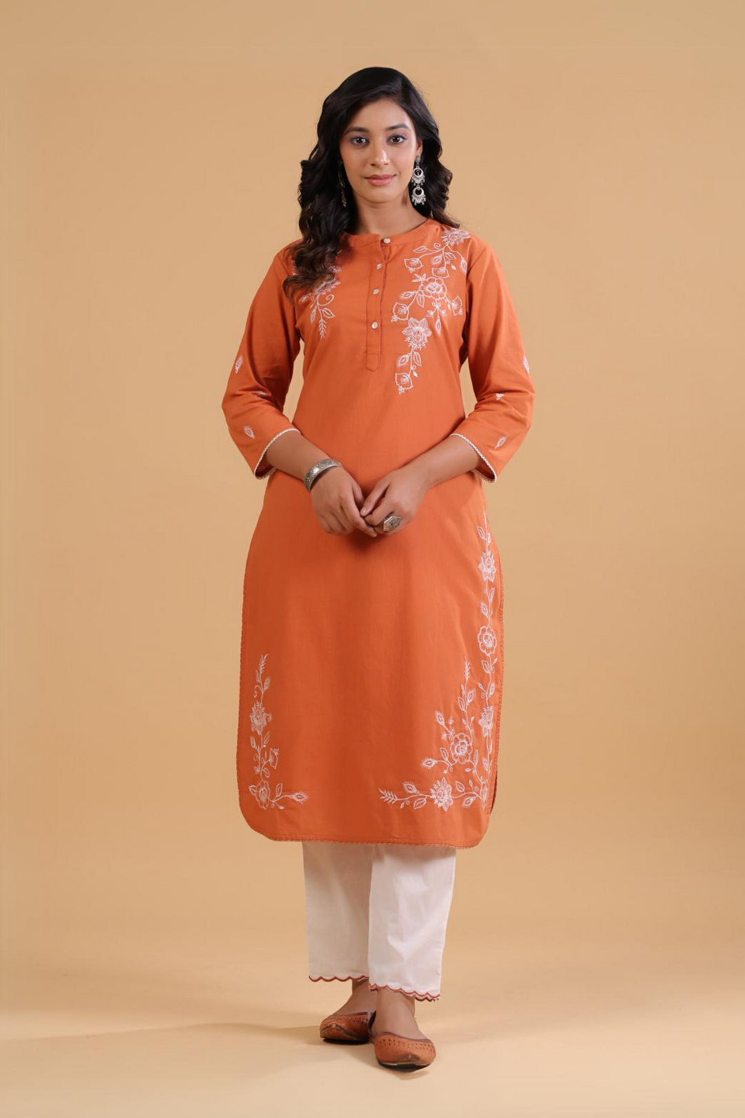 Rust Cotton Embroidered Kurta Pant Set