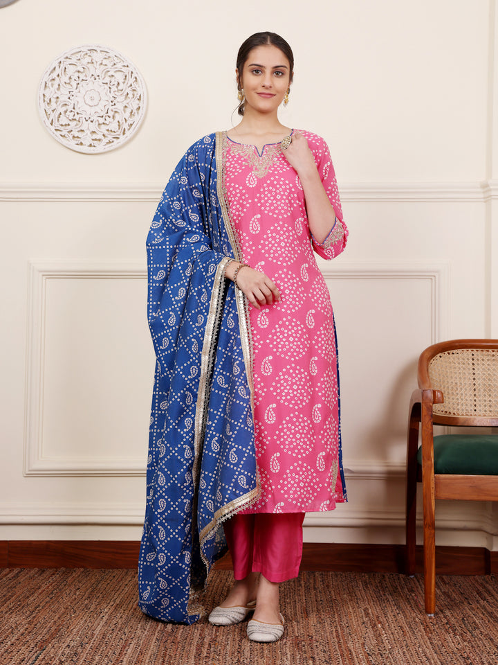 Pink Bandhani Embroidered Kurta Pant set With Dupatta