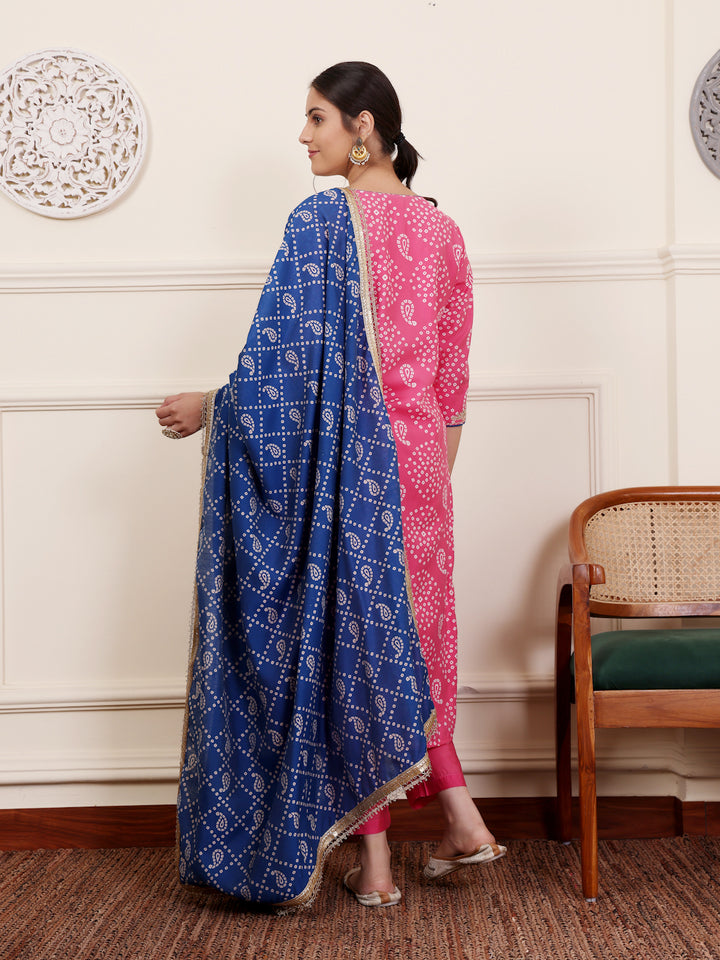 Pink Bandhani Embroidered Kurta Pant set With Dupatta