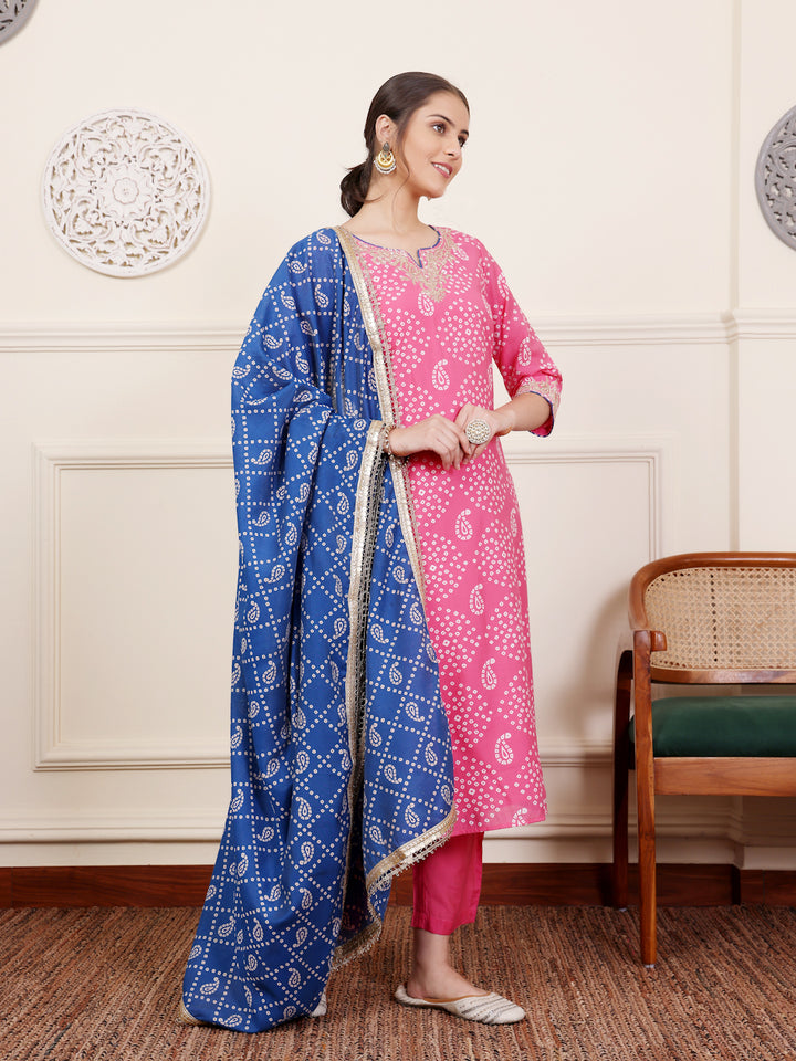 Pink Bandhani Embroidered Kurta Pant set With Dupatta