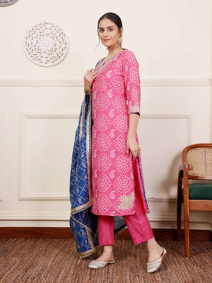 Pink Bandhani Embroidered Kurta Pant set With Dupatta