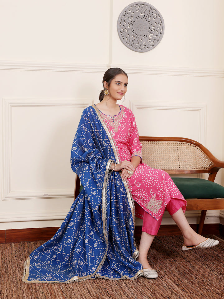Pink Bandhani Embroidered Kurta Pant set With Dupatta