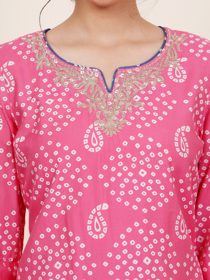 Pink Bandhani Embroidered Kurta Pant set With Dupatta