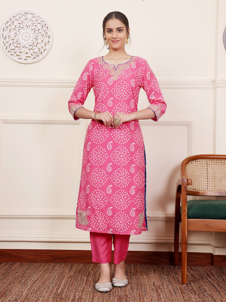 Pink Bandhani Embroidered Kurta Pant set With Dupatta