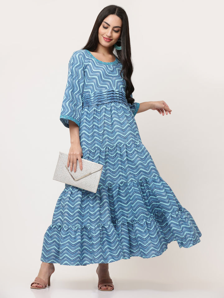 Blue Cotton Printed Tiered Dress