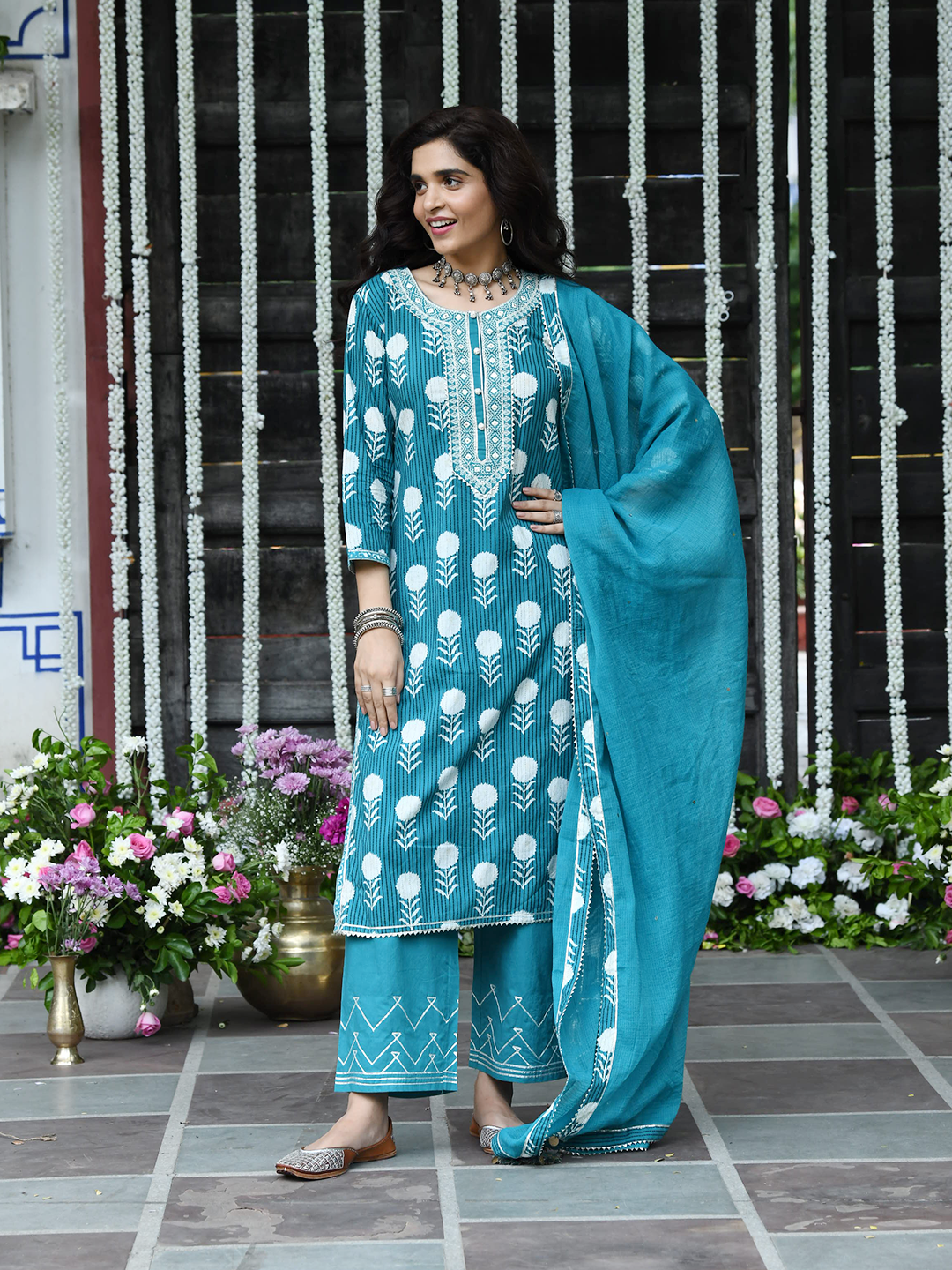 Blue Cotton Printed Embroidered Kurta Suit Set