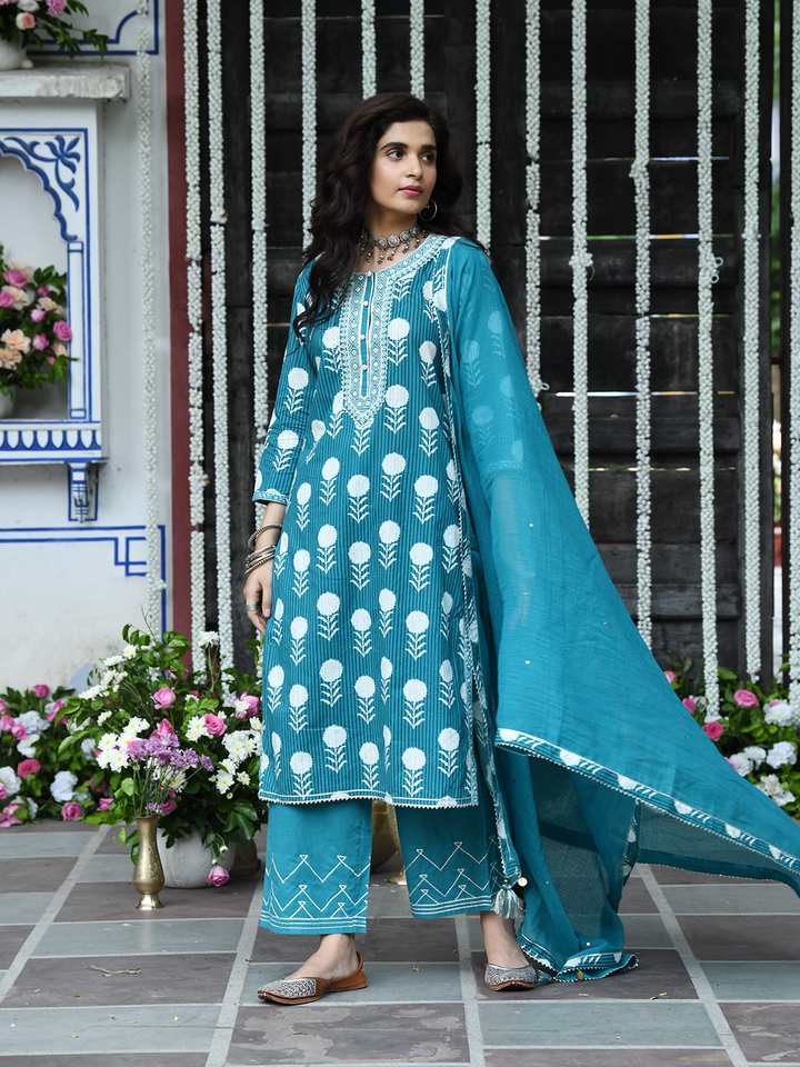 Blue Cotton Printed Embroidered Kurta Suit Set