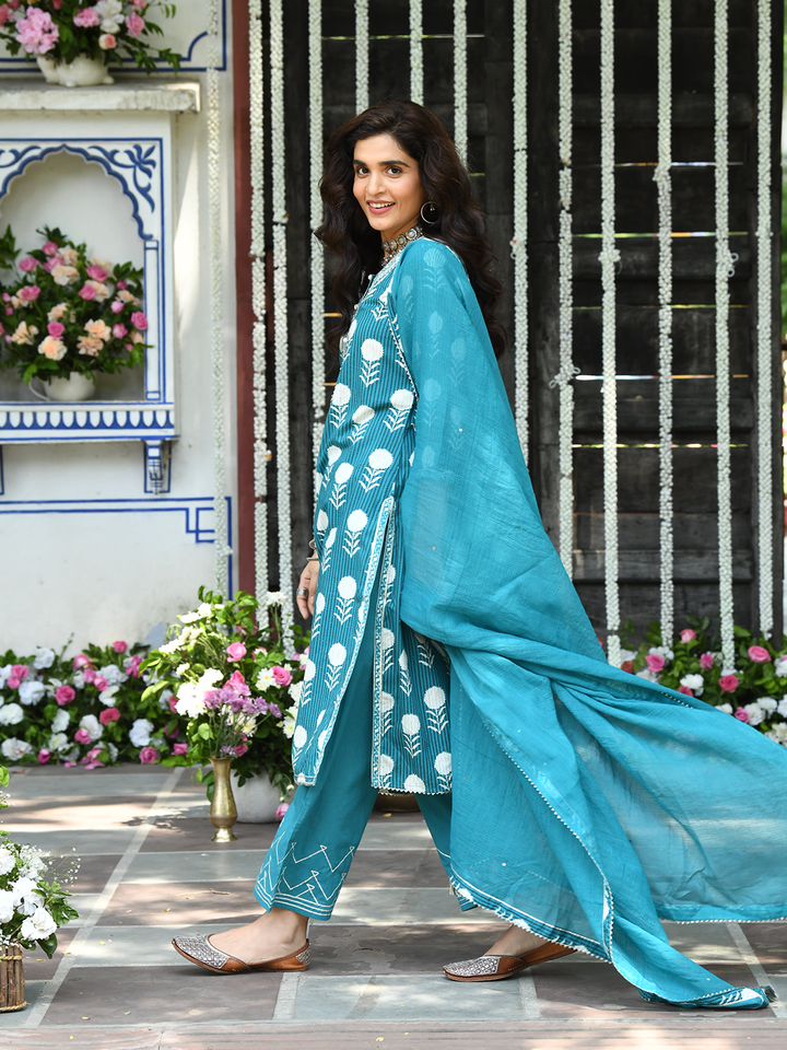 Blue Cotton Printed Embroidered Kurta Suit Set