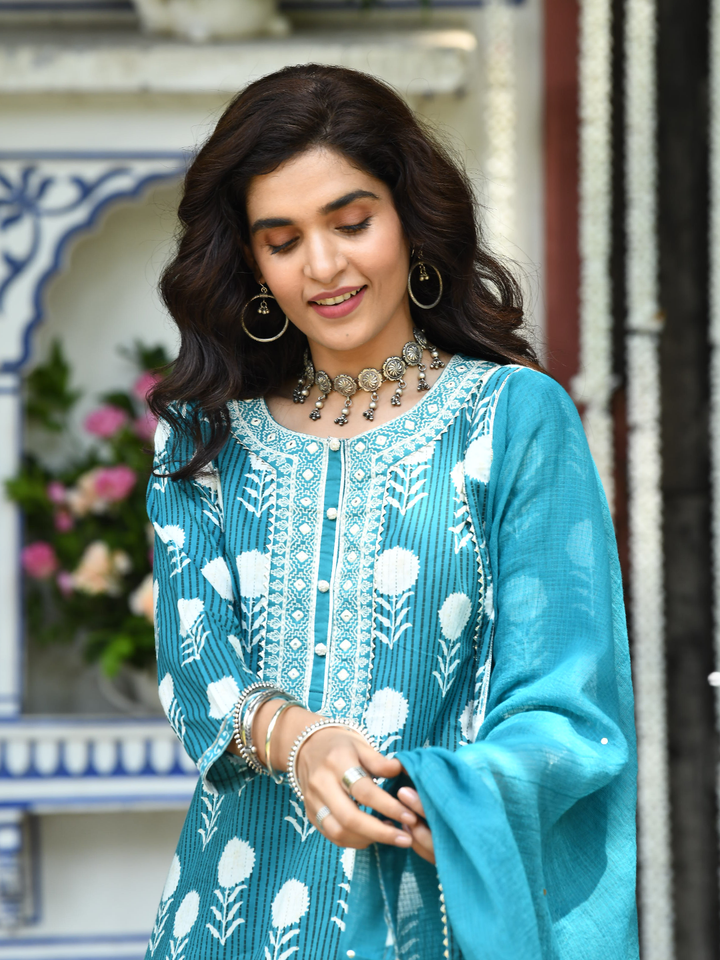 Blue Cotton Printed Embroidered Kurta Suit Set