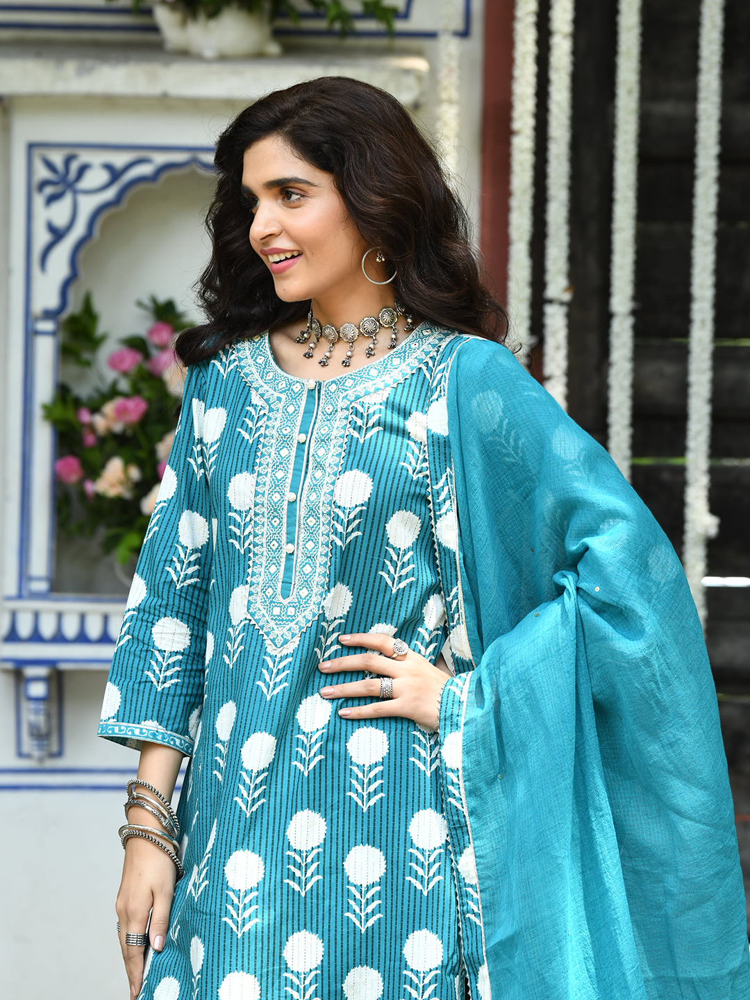 Blue Cotton Printed Embroidered Kurta Suit Set