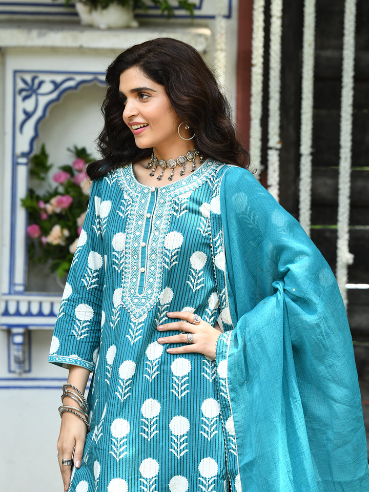 Blue Cotton Printed Embroidered Kurta Suit Set