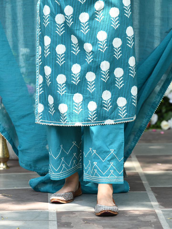 Blue Cotton Printed Embroidered Kurta Suit Set