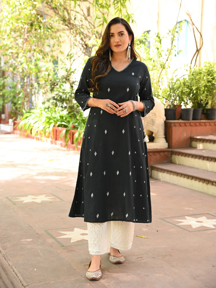 Black Cotton Embroidered A-Line Kurta