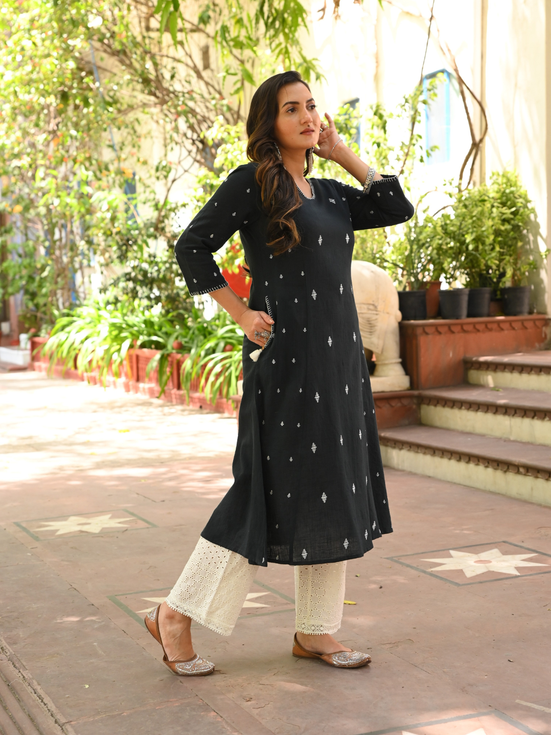 Black Cotton Embroidered A-Line Kurta