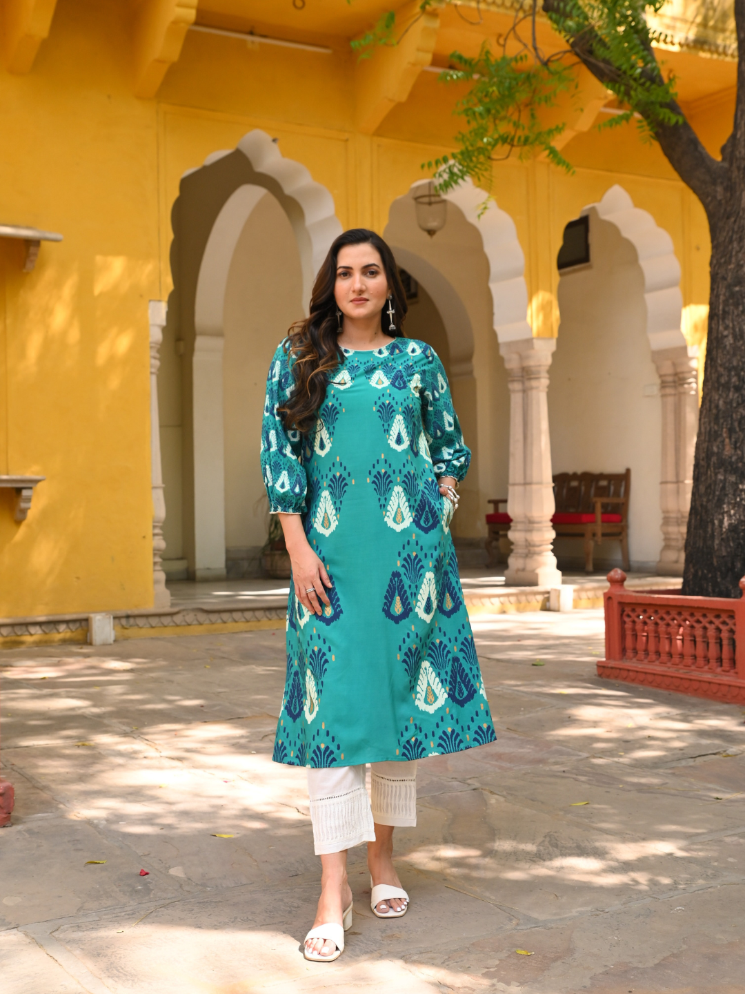 Blue Printed A-Line Kurta