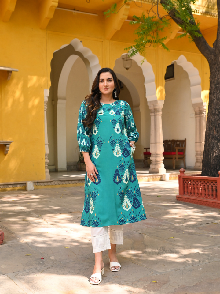 Blue Printed A-Line Kurta