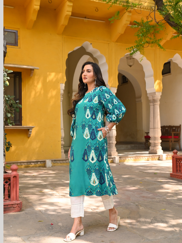 Blue Printed A-Line Kurta