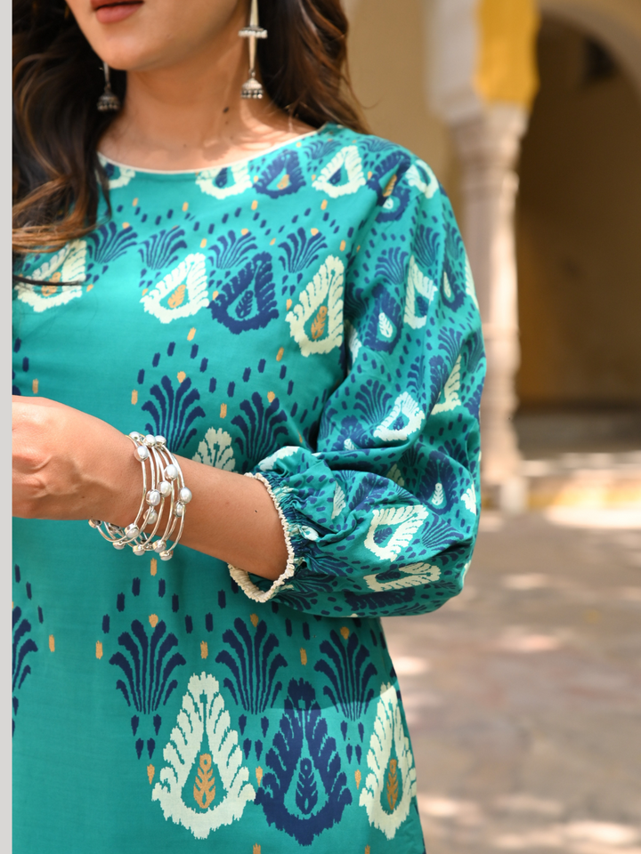 Blue Printed A-Line Kurta