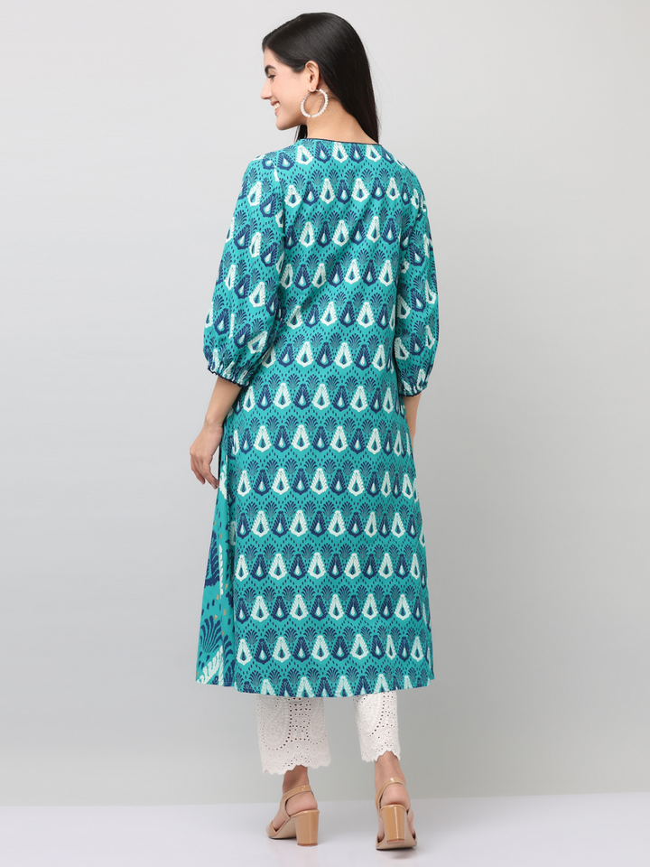 Blue Printed A-Line Kurta