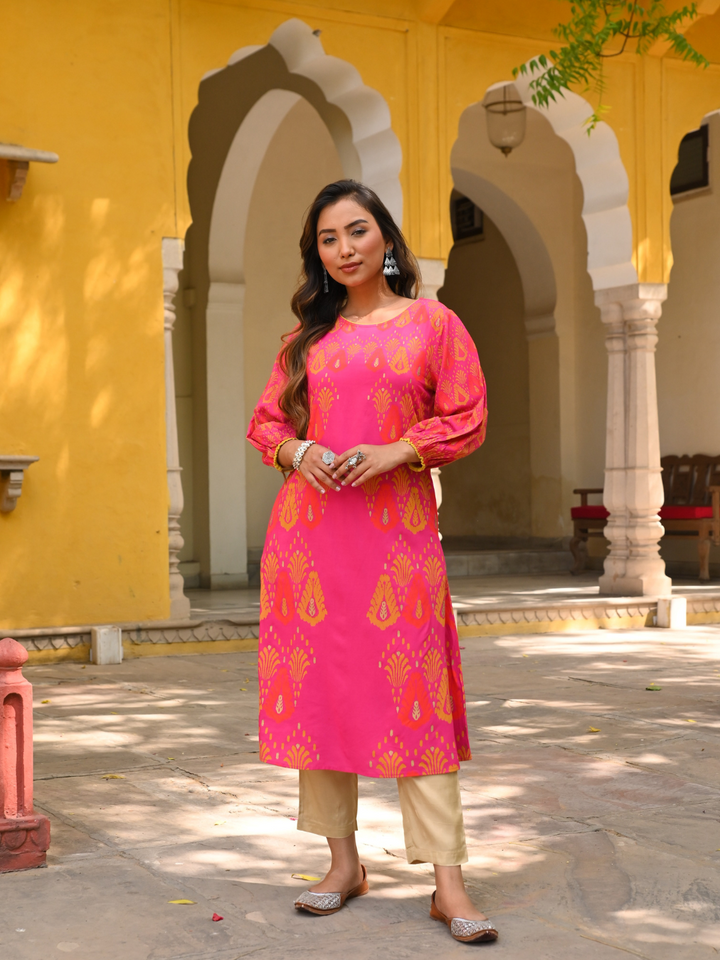 Pink Printed A-Line Kurta