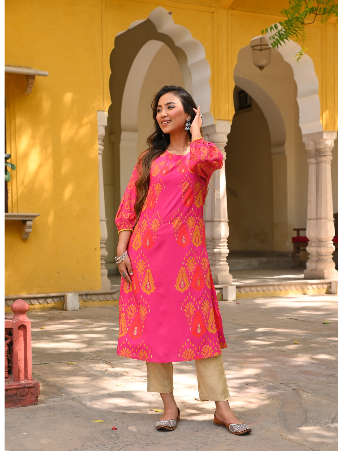 Pink Printed A-Line Kurta