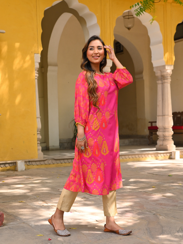 Pink Printed A-Line Kurta