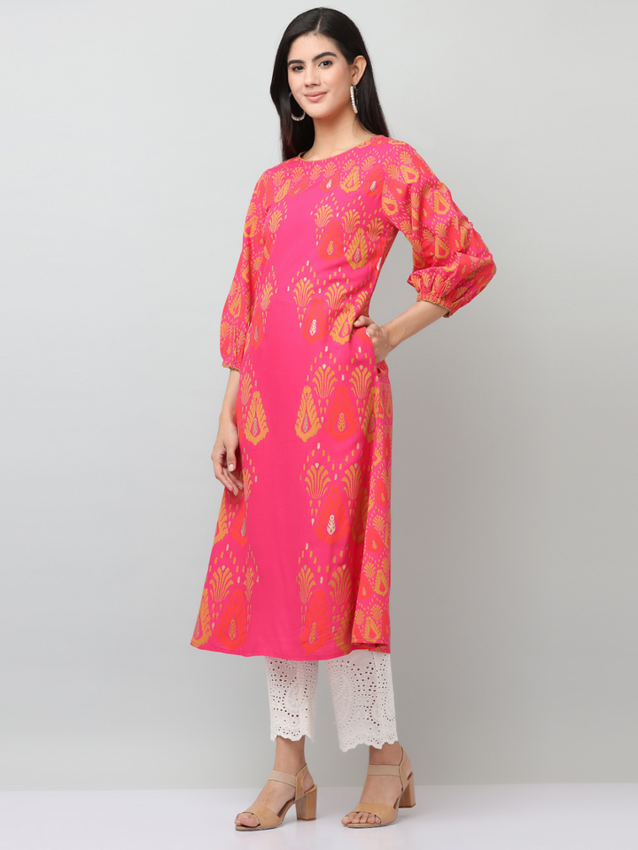 Pink Printed A-Line Kurta