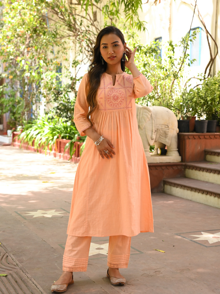 Cotton Embroidered Peach A-Line Kurta Pant Set