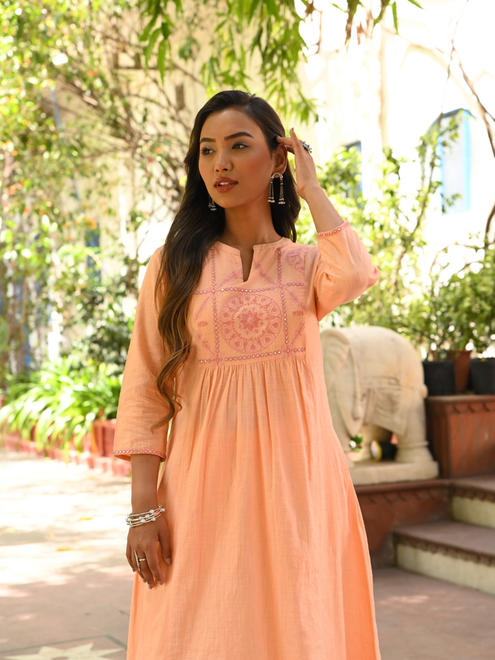 Cotton Embroidered Peach A-Line Kurta Pant Set