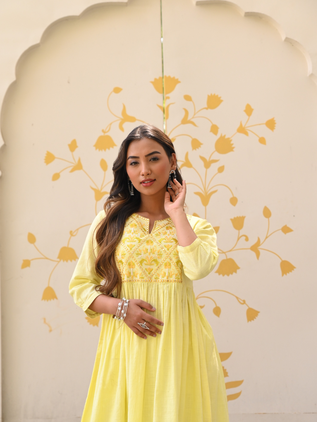 Yellow Cotton Embroidered A-Line Kurta Pant Set