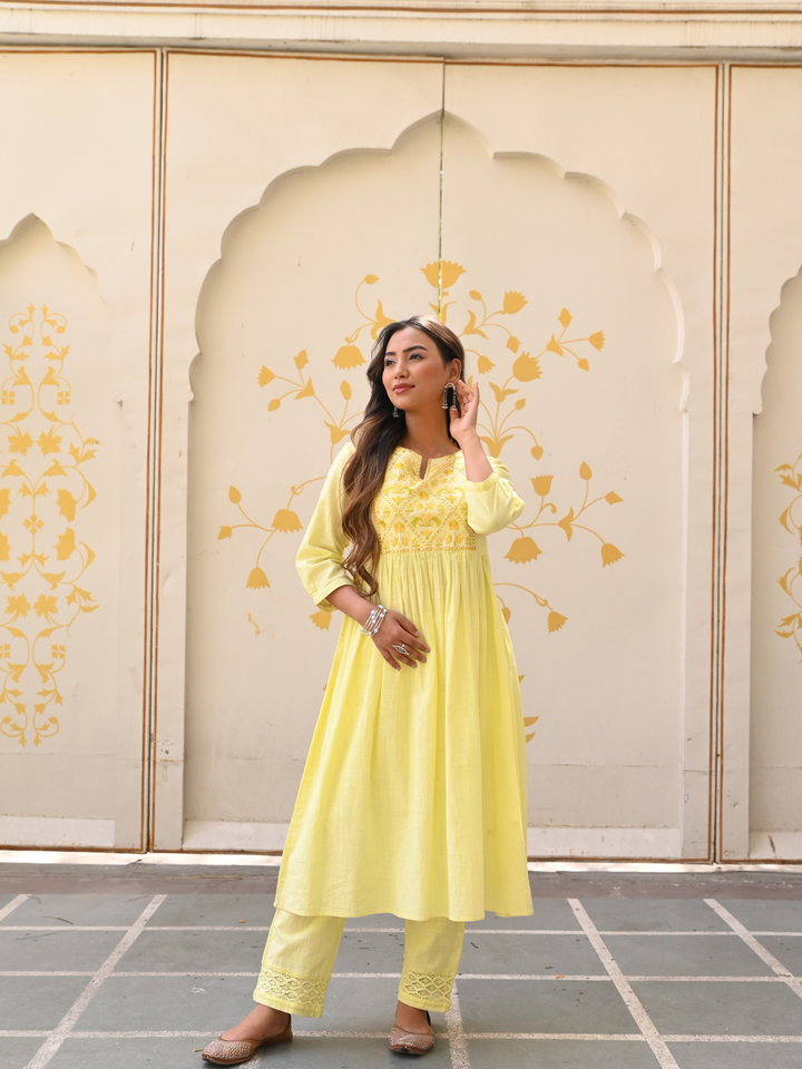 Yellow Cotton Embroidered A-Line Kurta Pant Set