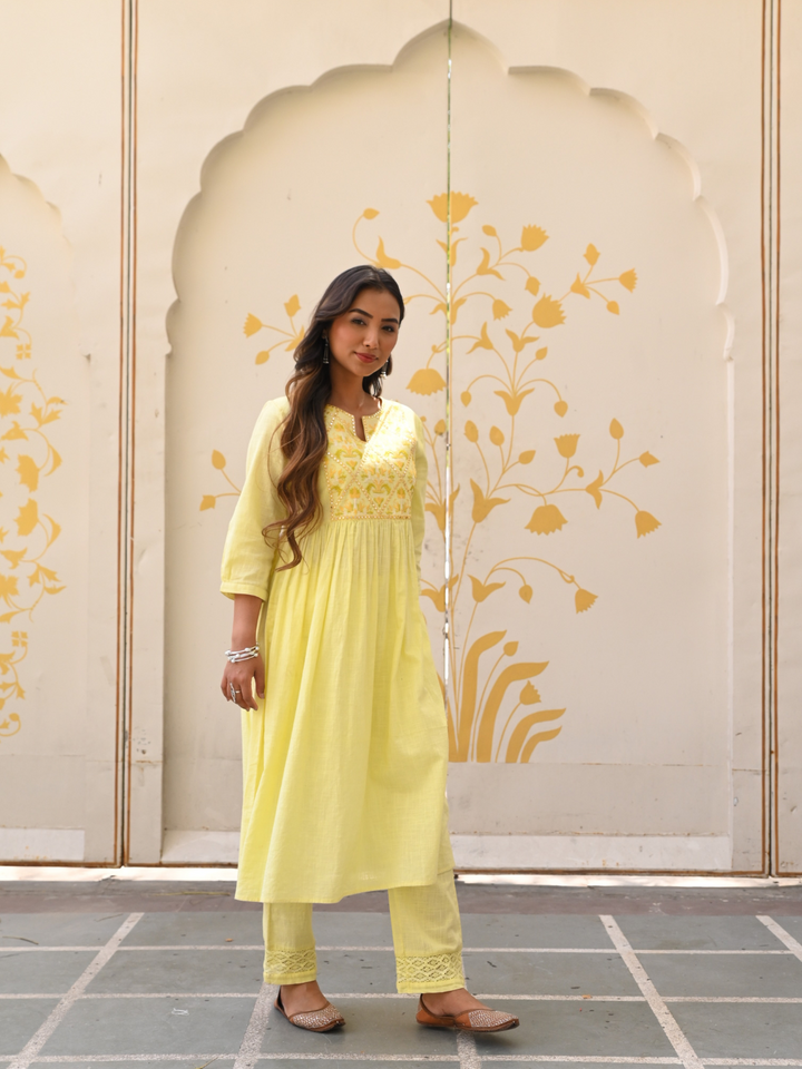 Yellow Cotton Embroidered A-Line Kurta Pant Set