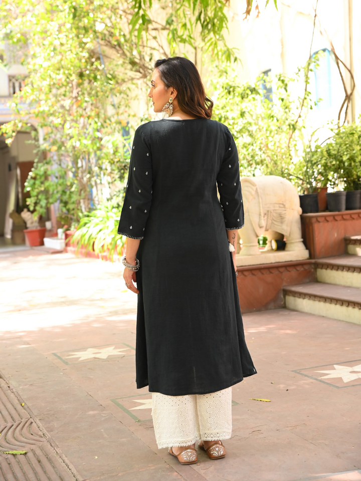 Black Cotton Embroidered A-Line Kurta