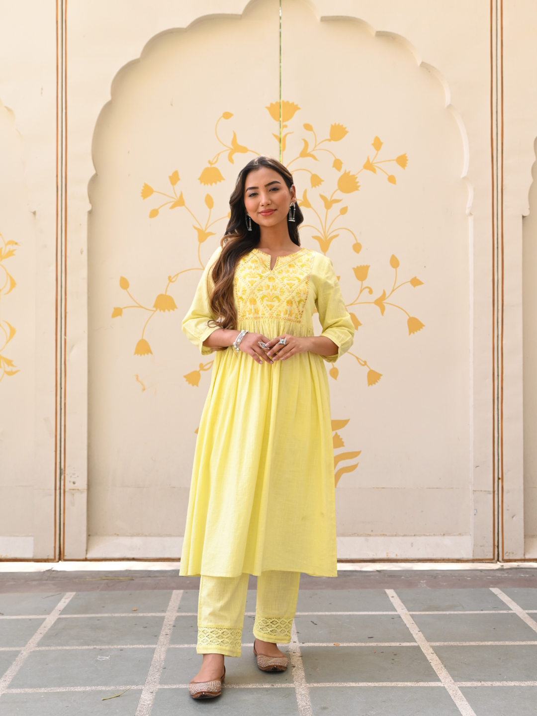 Yellow Cotton Embroidered A-Line Kurta Pant Set