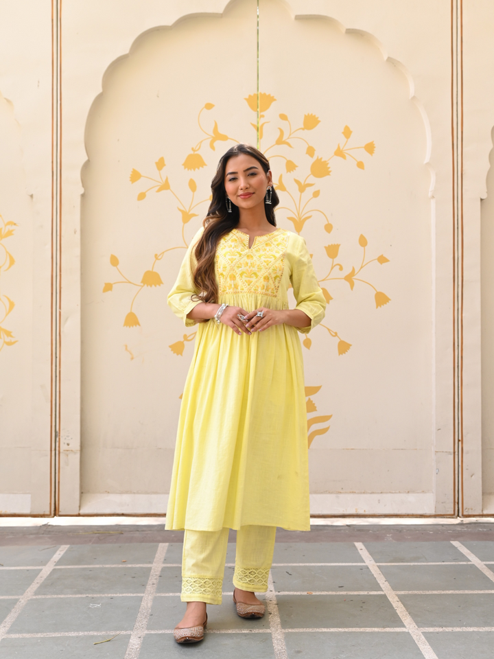 Yellow Cotton Embroidered A-Line Kurta Pant Set