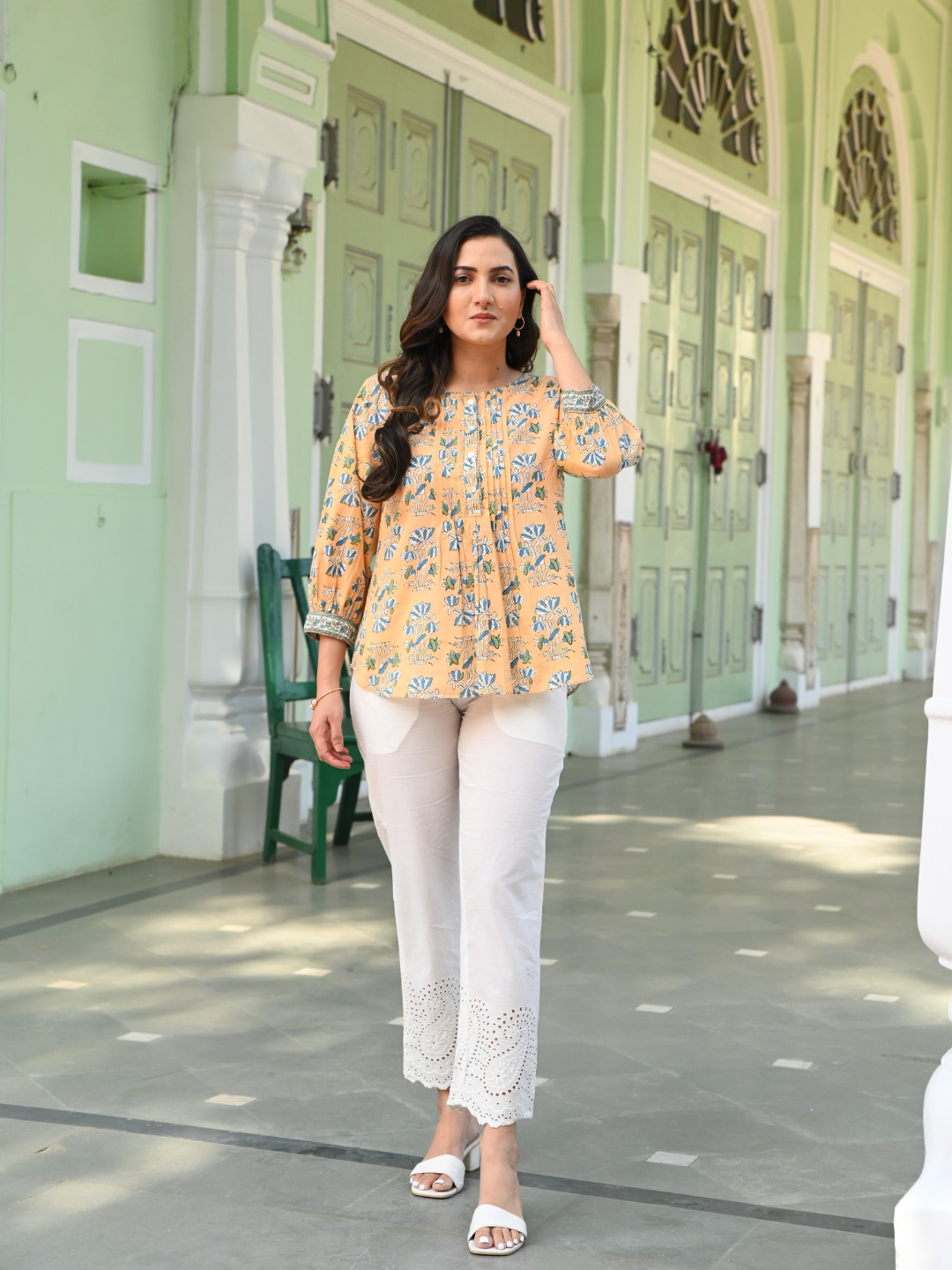 Cotton Yellow Printed Pintuck Tunic Top