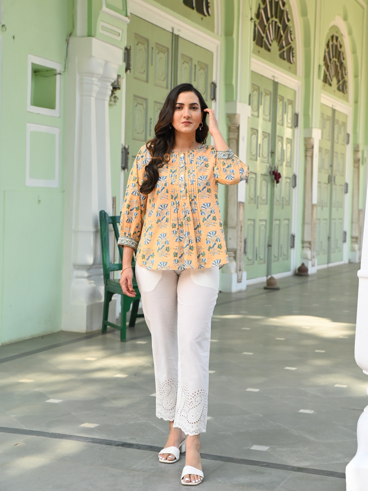 Cotton Yellow Printed Pintuck Tunic Top