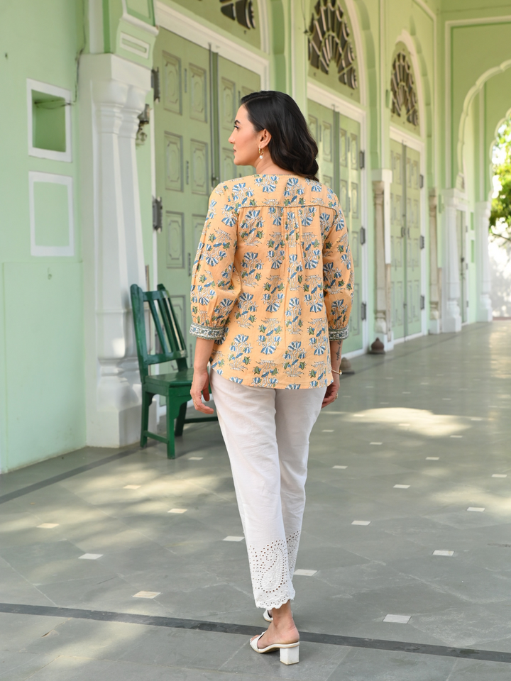 Cotton Yellow Printed Pintuck Tunic Top